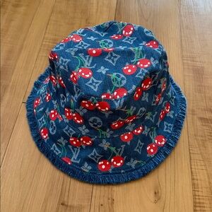 Blue Denim Cotton Canvas LV Monogram Cherry Print Bucket Hat